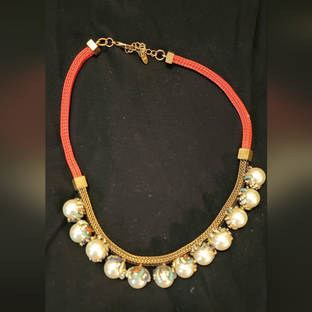 Anthropologie Mixed-Metal Pearl & Enamel Statement Necklace — Sculptural Gold &